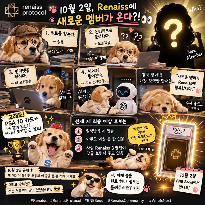 A promotional graphic for Renaiss Protocol announcing a new member reveal on October 2nd, featuring various cartoon dogs and an AI robot, with text indicating a PSA 10 CARD giveaway and hashtag tags like #Renaiss and #BNBSeoul.