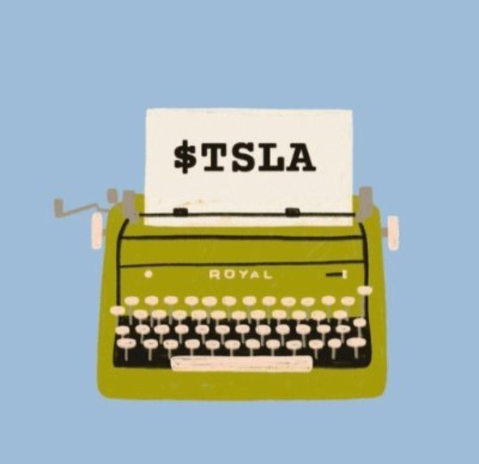 An illustration of a green Royal typewriter on a light blue background, with a piece of paper showing the stock ticker '$TSLA' (Tesla).