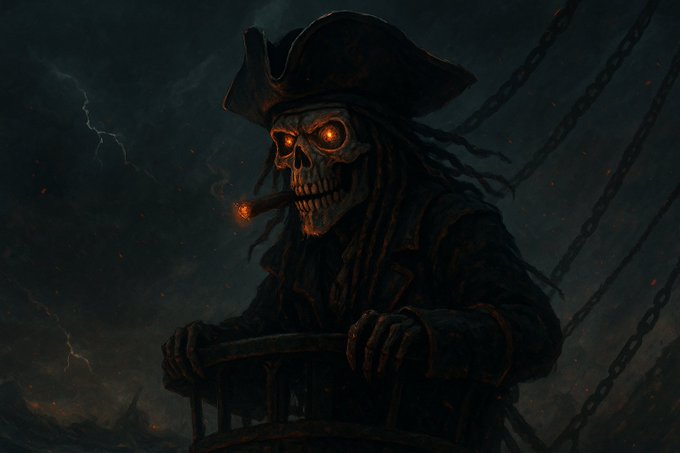 A dark, atmospheric digital illustration of a skeletal pirate captain wearing a tricorn hat, with glowing orange eyes and a cigarette, gripping a ship's wheel against a stormy, lightning-filled sky.