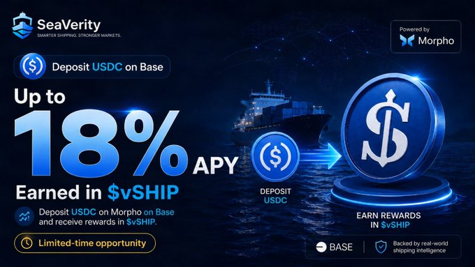 A promotional graphic for SeaVerity advertising 'Up to 18% APY Earned in $vSHIP' by depositing USDC on Morpho Base.