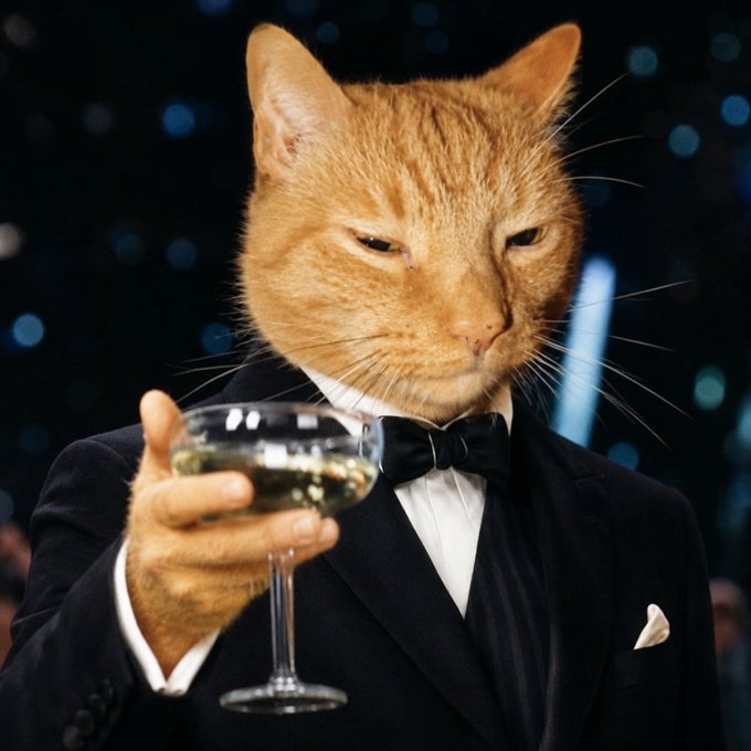A digitally edited image showing an orange tabby cat's head on a human body wearing a tuxedo and holding a glass of white wine.