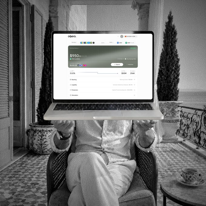 A person in a bathrobe relaxes in a wicker chair on a balcony while a laptop displaying the "osero" yield dashboard showing a $950 USDC savings balance and 3.62% APY is held up in front of their face—visually reinforcing the post's message of effortless, passive income by letting stablecoins do the work.