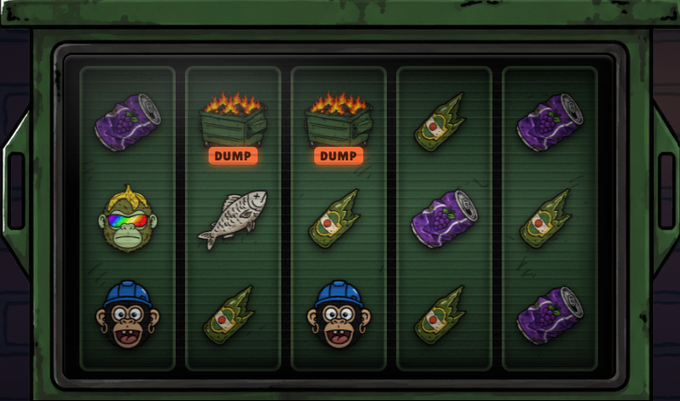 A digital slot machine interface featuring symbols like beer cans, fish skeletons, dumpsters, a rainbow monkey, and a blue-hatted monkey character across five reels.