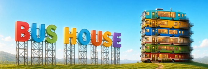 The image features a colorful sign reading "BUS HOUSE" alongside a multi-story building constructed entirely from stacked buses in various bright colors, set against a scenic grassy landscape. This whimsical banner creatively represents the concept of community and home, fitting for the Solana token $K-HOME as advertised on Moby.