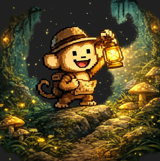 The image features a cartoon monkey holding a lantern, standing atop a rock formation with a cave-like setting. The monkey appears to be smiling as if he's on an adventure or seeking treasure. The caption of the image reads "lost in the caves but still chasing gold every light leads to another adventure #pixelart #solana #memecoin #launch". This post seems to be related to the game 'Minecraft' and is likely a part of a Minecraft-themed art project, as indicated by the use of pixel art style.