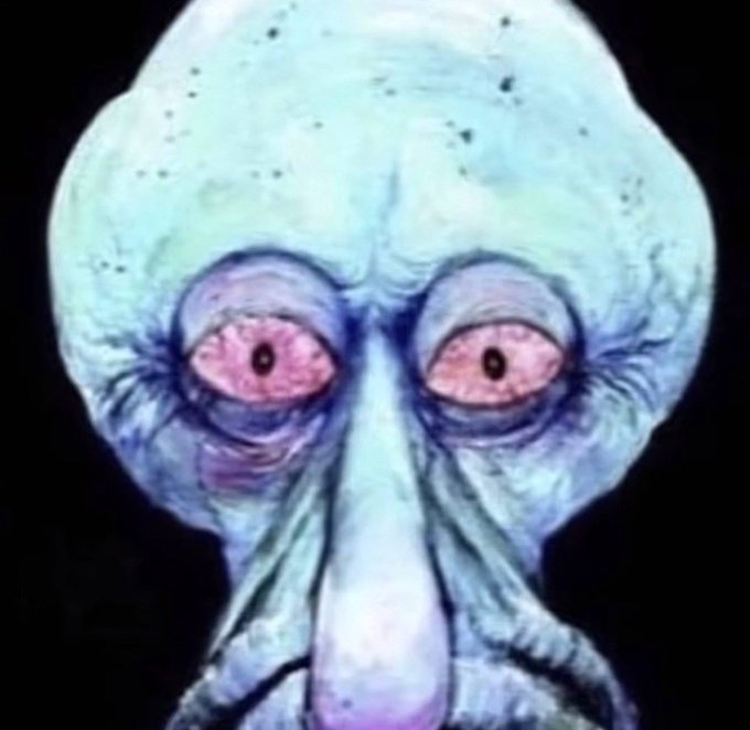 The image shows a close-up of an octopus-like creature with large, bloodshot pink eyes and a drooping, weary expression, conveying exhaustion or dismay. It visually embodies the post's sentiment of a jaded crypto veteran resignedly explaining to a newbie how they lost their bitcoin retirement to a cold storage exploit.