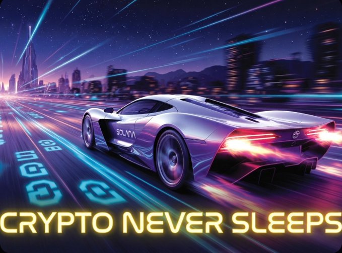 Futuristic silver sports car speeding through a neon-lit cyberpunk city with 'CRYPTO NEVER SLEEPS' text at the bottom.