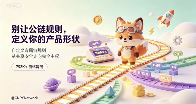 A Chinese promotional graphic for CNPY Network featuring a fox mascot in goggles, with text '别让公链规则，定义你的产品形状' (Don't let public chain rules define your product shape) and 793K+ testnet nodes.