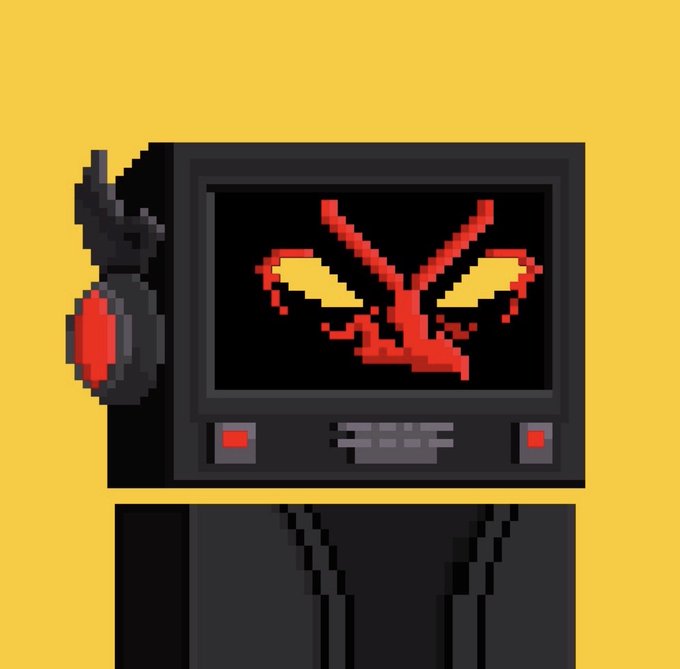 A pixel art portrait of a figure with headphones featuring a monitor displaying a red butterfly design on its face, against a yellow background—likely a visual interpretation of "zecvisions" as the person's digital identity.