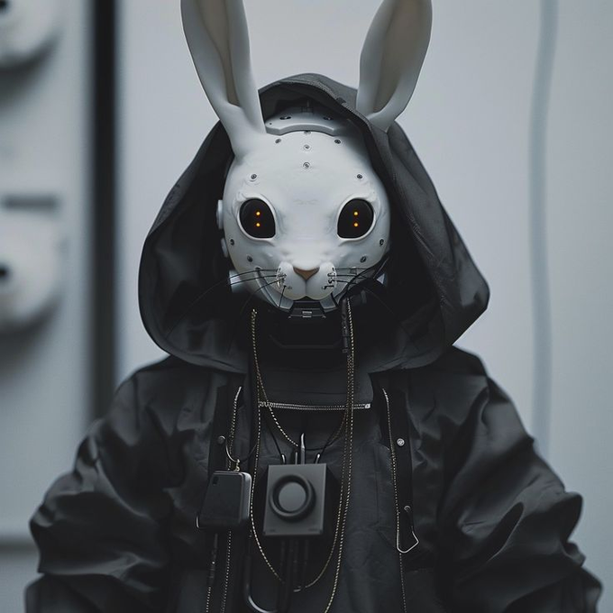 A person wearing a black hooded jacket and a robotic white rabbit mask with tall ears and glowing orange eyes, accessorized with chains and a camera-like device.