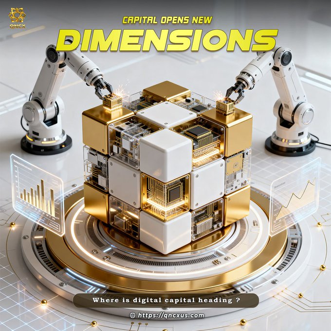 A futuristic scene features two robotic arms working on a glowing cube composed of golden and white blocks with visible circuitry, alongside holographic data displays. The text "CAPITAL OPENS NEW DIMENSIONS" appears prominently at the top, with "Where is digital capital heading? https://qncxus.com" at the bottom, visually reinforcing the post's message about traditional assets merging with blockchain technology and the expansion of real-world asset (RWA) tokenization.