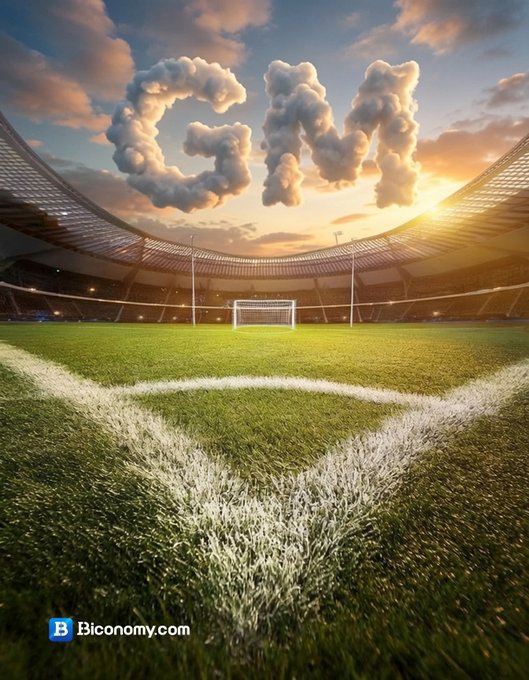 The image features a soccer field with white lines marking out the playing area, surrounded by green grass. The sky above has clouds, creating an atmosphere of a cloudy day or sunset. In the center of the image, there are two large clouds that resemble letters "G" and "M". These clouds appear to be floating in front of the goalpost on the field. The text "GM The market opens like a stadium. Some chase the ball, some wait for the goal." is written below the clouds, which seems to be related to the soccer game taking place at this location.