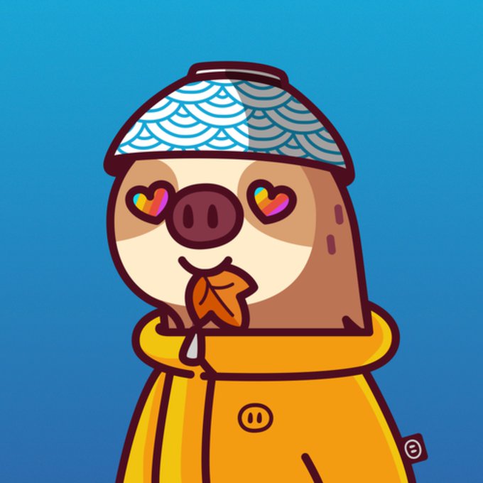A cartoon illustration of a sloth wearing a yellow raincoat and a blue fish-patterned shower cap, with rainbow heart-shaped eyes, holding a leaf.