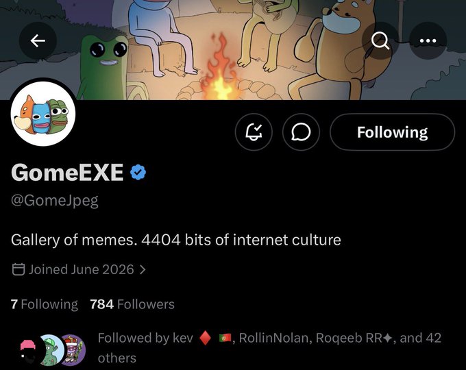 A Twitter/X profile page for "GomeEXE" (@GomeJpeg) displaying a blue verification badge, 784 followers, a bio reading "Gallery of memes. 4404 bits of internet culture," and a header image featuring cartoon characters around a campfire—visually introducing the early-stage project highlighted in the post, which references its 4,404 NFT supply on the ETH chain.