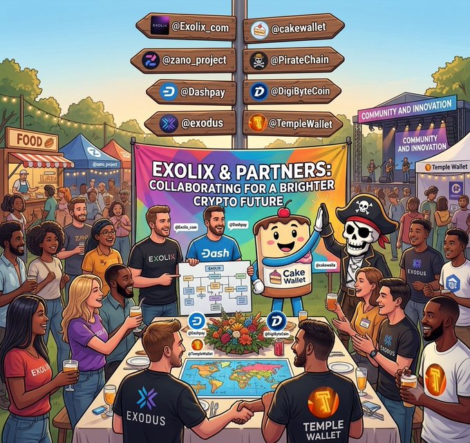 A colorful cartoon illustration of an 'EXOLIX & PARTNERS' crypto festival with signs for @Exolix_com, @cakewallet, @zano_project, @PirateChain, @Dashpay, @DigiByteCoin, @exodus, and @TempleWallet.