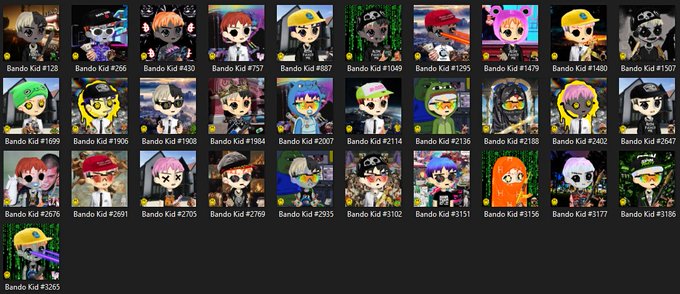 A grid of cartoonish avatar images labeled 'Bando Kid' with various numbers (e.g., #128, #266, #430) arranged in rows.