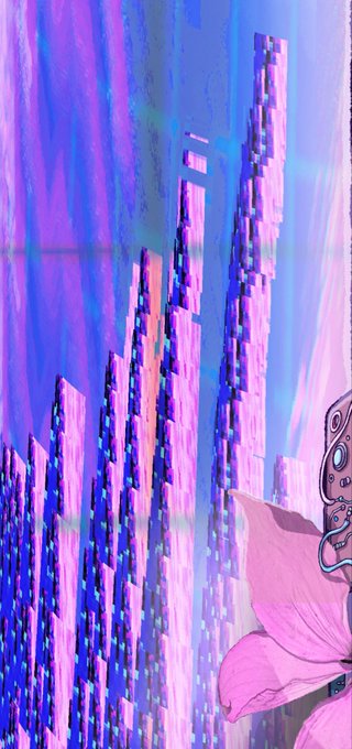 A vertical digital illustration in pastel pink, purple, and blue tones showing abstract pixelated structures resembling a cityscape, with a pink creature partially visible on the right.