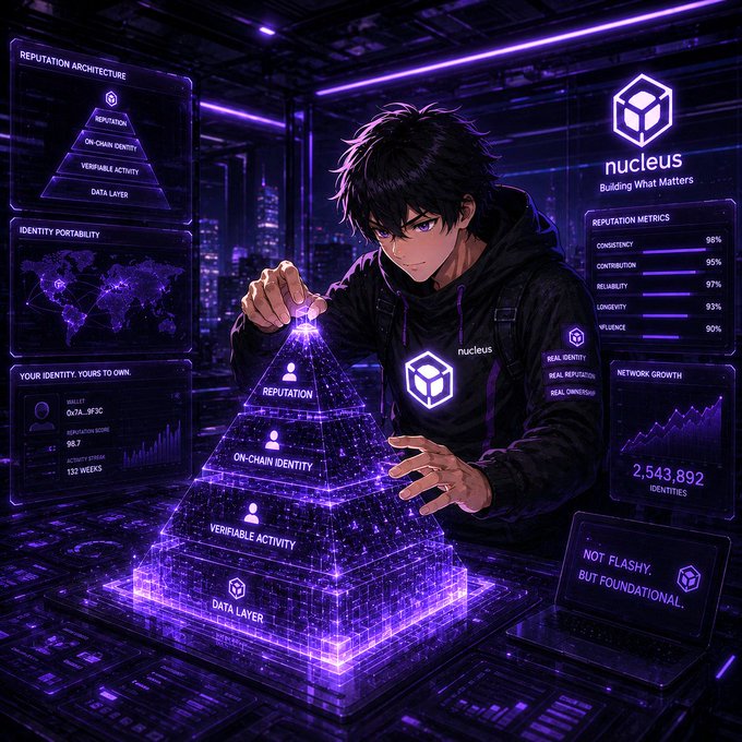 An anime-style figure manipulates a glowing purple holographic pyramid labeled "REPUTATION," "ON-CHAIN IDENTITY," "VERIFIABLE ACTIVITY," and "DATA LAYER," surrounded by dashboards showing "Nucleus - Building What Matters," a 98% reputation metrics score, 2,543,892 identities, and a "NOT FLASHY, BUT FOUNDATIONAL" sign—visually reinforcing the post's message that Nucleus is quietly building essential reputation infrastructure rather than chasing hype.