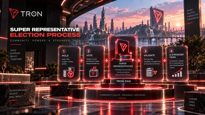 A promotional graphic for 'TRON SUPER REPRESENTATIVE ELECTION PROCESS,' outlining a 4-step community voting process (HOLD, VOTE, VALIDATE, A STRONGER TRON) set against a futuristic red cityscape.