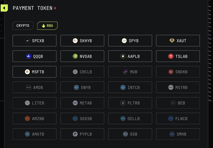 A dark-themed interface showing 'PAYMENT TOKEN' selection with a grid of stock/crypto ticker options including SPCXB, AAPL, MSFT, AMD, META, and AMZN.