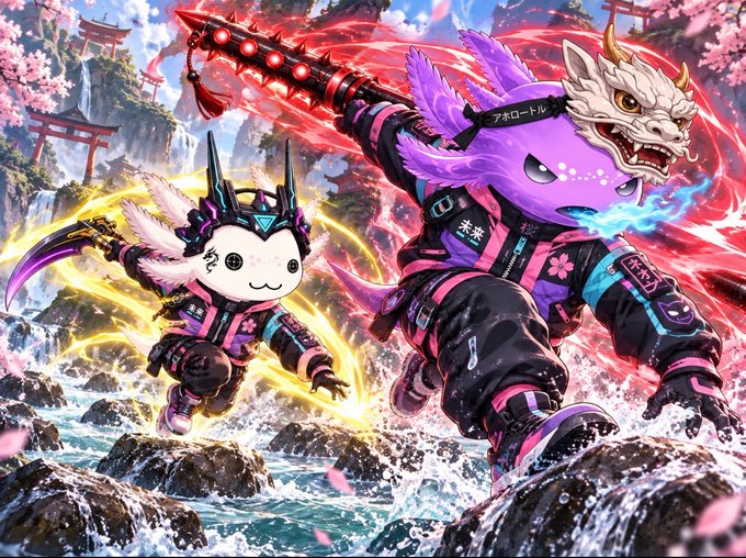 A vibrant digital illustration featuring a purple axolotl and a white axolotl-like character in cyberpunk-style outfits charging through water, with Japanese text visible.