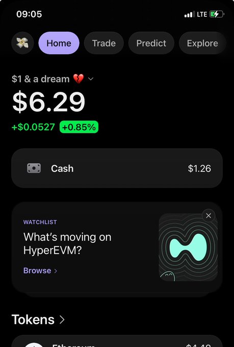 A screenshot of a cryptocurrency app interface showing a portfolio value of $6.29 (+0.85%) labeled '$1 & a dream', with a Cash balance of $1.26 and a 'What's moving on HyperEVM?' watchlist section.