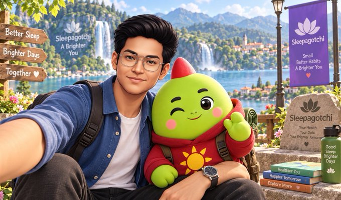 An illustration of a young man with glasses sitting outdoors alongside a green teardrop-shaped character wearing a red hoodie, with 'Sleepagotchi' branding, signs reading 'Better Sleep Brighter Days Together' and 'Small Better Habits A Brighter You,' and scenic mountains and waterfalls in the background.