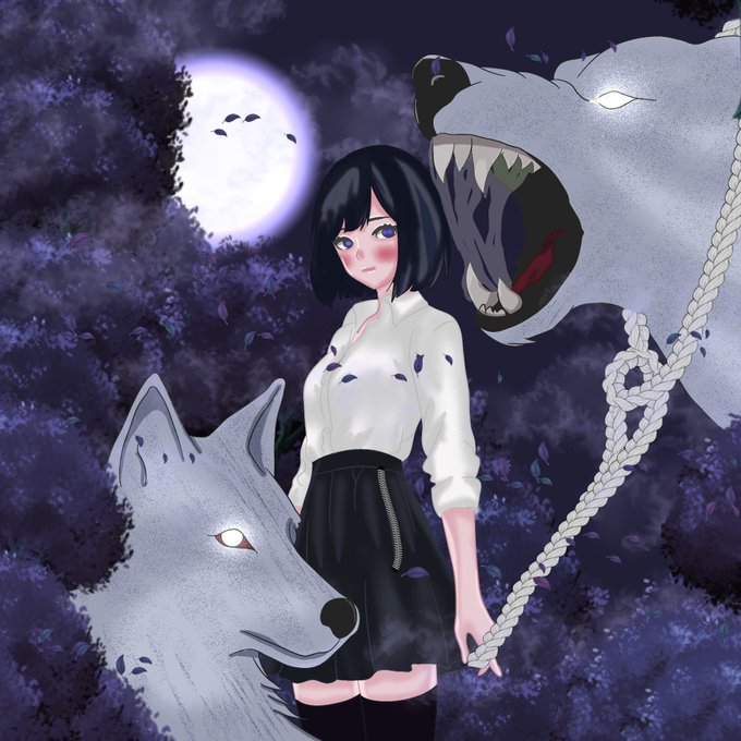 An anime-style illustration of a young woman with short black hair standing between two large white wolves under a full moon in a forest.