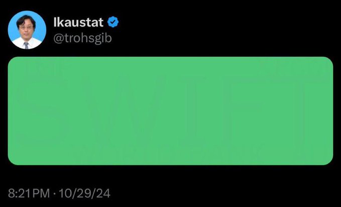 A verified Twitter/X post from user "Ikaustat" (@trohsgib) displaying a solid green banner image with the timestamp "8:21 PM · 10/29/24," aligning with the accompanying post's emphasis on the "8/21 DELTAS" alignment and "SWIFT" timing. The green banner visually reinforces the bullish sentiment noted in the referenced comments from other users.
