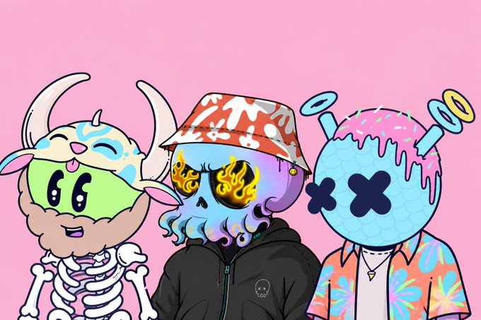 An illustration featuring three cartoon characters: a green-faced skeleton-like creature with antlers, a purple skull with flame eyes wearing a bucket hat, and a blue X-eyed creature with pink icing and pins on a pink background.