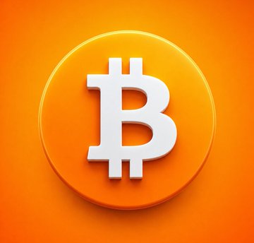 A 3D-style rendering of a white Bitcoin symbol on a bright orange circular background, commonly used to represent the BTC cryptocurrency.