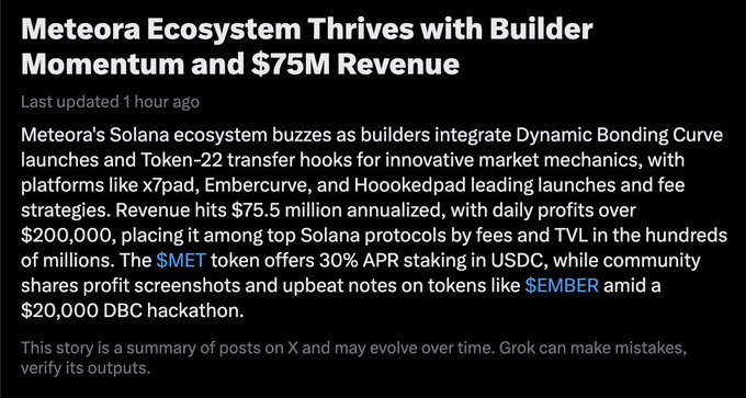 News article titled 'Meteora Ecosystem Thrives with Builder Momentum and $75M Revenue' discussing Solana ecosystem growth, mentioning platforms x7pad, Embercurve, and Hoookedpad, with $MET offering 30% APR staking in USDC.