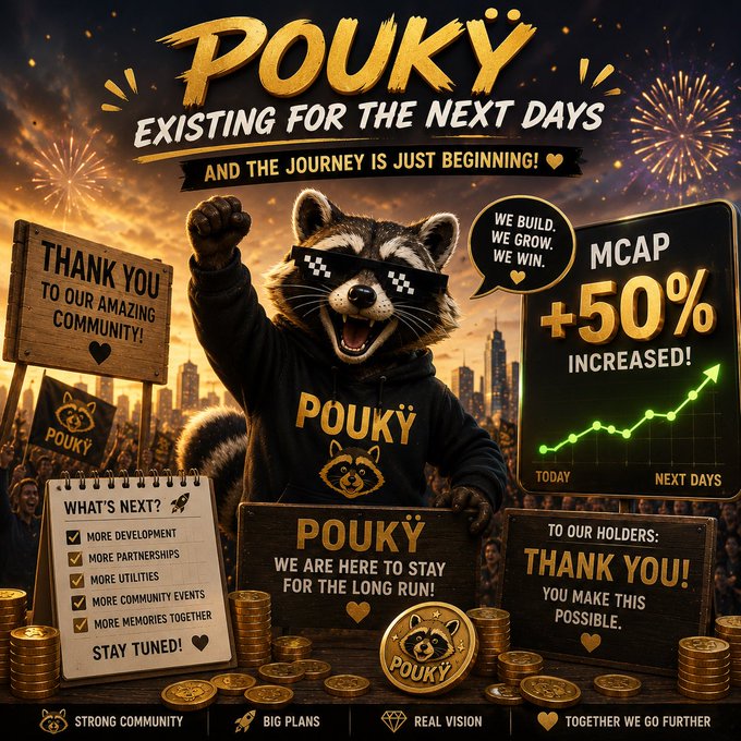 A promotional graphic for 'POUKY' featuring a raccoon in pixelated sunglasses, announcing 'EXISTING FOR THE NEXT DAYS' with a '+50%' market cap increase and various thank you messages.