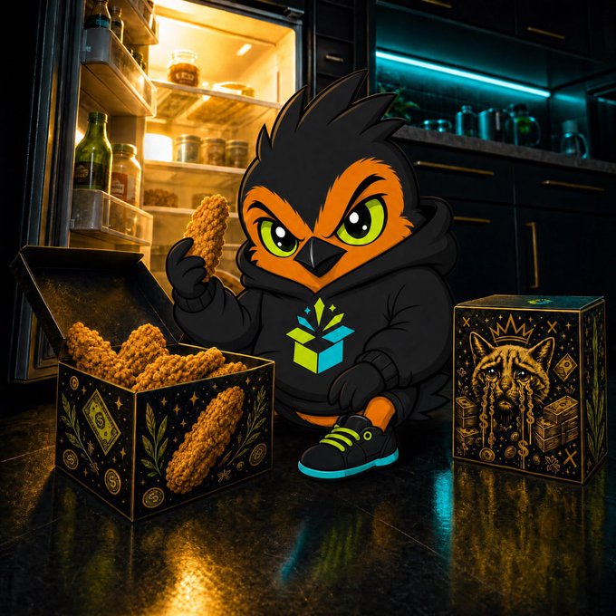 Cartoon owl character wearing a black hoodie, holding a nugget, with boxes of nuggets and decorative boxes in a kitchen setting.
