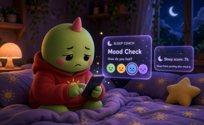 A cute green dinosaur-like character in a red hoodie sits on a sun-patterned bed at night, using a phone displaying a "SLEEP COACH Mood Check" app with a sad emoji selected.