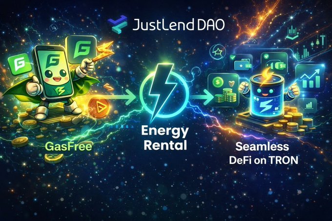 A promotional graphic for JustLend DAO, illustrating their 'Gas Free', 'Energy Rental', and 'Seamless DeFi on TRON' services with cartoon characters and glowing energy symbols against a space background.