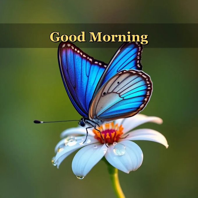 A vibrant blue butterfly rests on a white daisy with water droplets, accompanied by the text 'Good Morning' in yellow across a dark banner at the top.