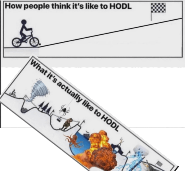 The image shows a white banner hanging against a white background with two different drawings of bikes going up a hill, each accompanied by text: one states "How people think it's like to HODL", while the other says "What it is actually like to HODL". Below these illustrations are three images of different things related to coins or cryptocurrency. The image that reads "ETH(fixed)" indicates that this drawing is about cryptocurrency, specifically Ethereum (ETH).