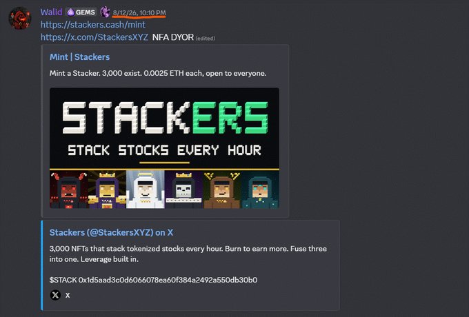 Discord message from Walid promoting the mint of 'Stackers' NFTs on stackers.cash/mint, featuring pixel art characters and a contract address.