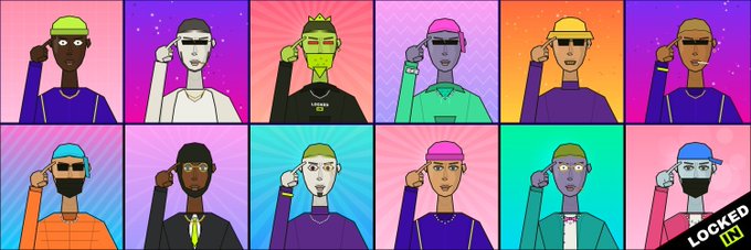 A vibrant pop-art collage of twelve stylized characters raising their fists, each with unique outfits, hairstyles, and accessories against colorful geometric backgrounds, with the bottom-right panel marked "LOCKED IN," reflecting the giveaway promotion for 10 whitelist spots for the @LockedinHL NFT project (7,777 supply, mint price $0.30).