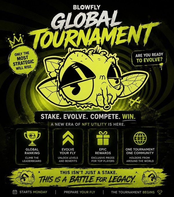 A promotional graphic for the "BLOWFLY GLOBAL TOURNAMENT" featuring a stylized yellow fly mascot on a black background, with text highlighting features like "STAKE. EVOLVE. COMPETE. WIN." and "A NEW ERA OF NFT UTILITY IS HERE," including sections for Global Ranking, Evolve Your Fly, Epic Rewards, and One Tournament One Community, alongside the tagline "THIS ISN'T JUST A STAKE. THIS IS A BATTLE FOR LEGACY." and a footer noting the tournament "STARTS MONDAY." The post announces the launch of BlowFly Evolution, emphasizing the gamified staking system and NFT utility that the graphic promotes.