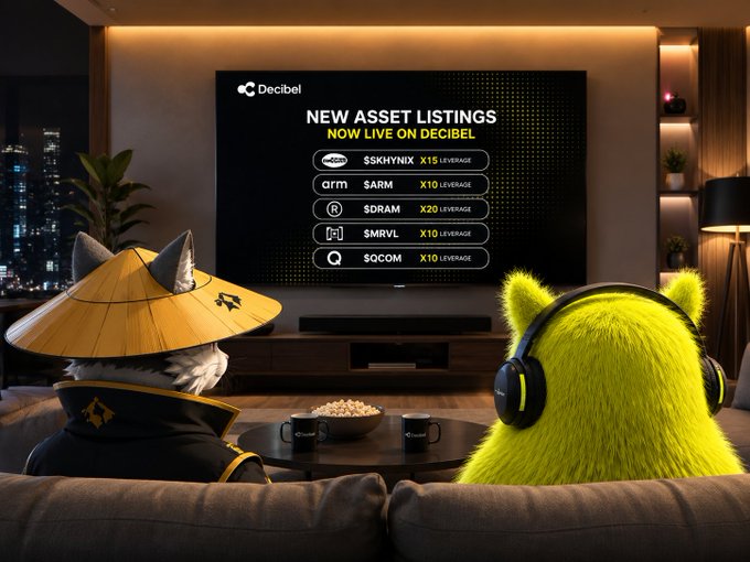 Two characters, one wearing a conical hat and the other a yellow furry figure with headphones, watch a TV displaying 'Decibel NEW ASSET LISTINGS NOW LIVE ON DECIBEL' with tickers including SKHYNIX X15, ARM X10, RDRAM X20, SMRVL X10, and SOCOM X10.