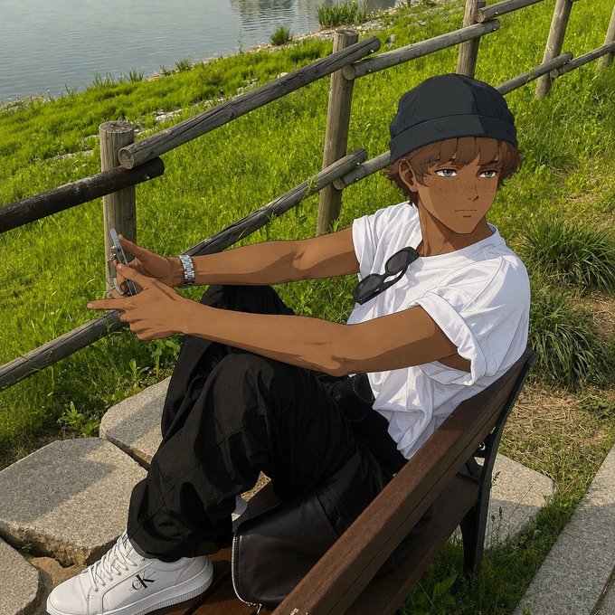 Anime-style illustration of a young man with brown skin and a black cap sitting on a chair in a grassy area, looking at the viewer while holding a smartphone.