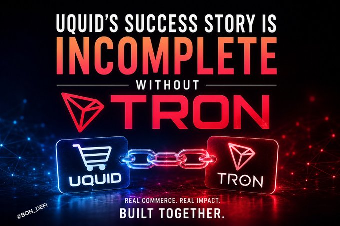 The image features a poster with two logos, one for Liquid and the other for Tron. The Liquid logo displays a shopping cart icon, while the Tron logo shows a chain symbol. The text on the poster reads "uquid's success story is incomplete without Tron". This suggests that Liquid has been successful in building its business around Tron, as they are both related to cryptocurrency and real-world commerce.