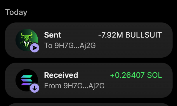 The image shows a transaction history displaying a "Sent" transaction of -7.92M BULLSUIT to address 9H7G...Aj2G, paired with a "Received" transaction of +0.26407 SOL from the same address. This visually confirms the successful purchase of 7.92 million $BULLSUIT tokens for approximately 0.264 SOL, as referenced by the Solscan transaction link in the post.