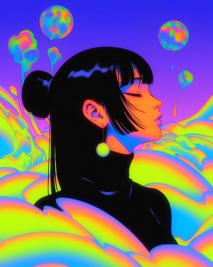 A vibrant, psychedelic digital illustration of a dark-haired woman in profile with her eyes closed, surrounded by colorful, iridescent clouds and floating spheres against a purple and rainbow background.