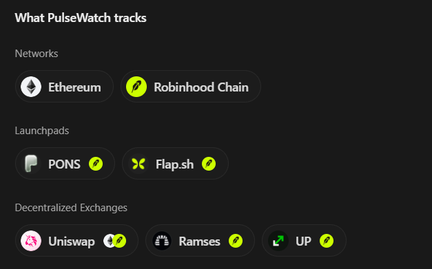 An informational graphic titled 'What PulseWatch tracks' listing Networks (Ethereum, Robinhood Chain), Launchpads (PONS, Flap.sh), and Decentralized Exchanges (Uniswap, Ramses, UP).