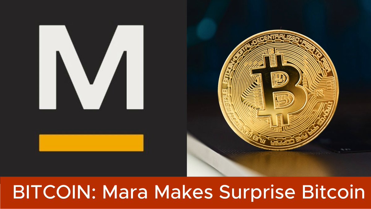 The image features a screenshot of two logos - one is for Bitcoin (with a round, gold, textured design), and the other is for Mara (a person). The Bitcoin logo is larger than the Mara logo. Both designs have white lettering against black backgrounds. The Bitcoin logo has the words "BIC" written below it in a smaller font size, while the Mara logo has a line drawn beneath the "M" to frame her figure. The text on both logos states that they are related to Bitcoin and Mara making surprise moves.