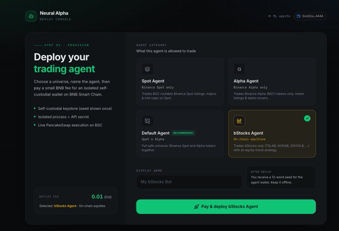 The Neural Alpha Deploy Console is shown, allowing users to deploy trading agents like the "bStocks Agent." This interface is part of the winning solution from the BNB Hack Agent Trading Hackathon, as mentioned in the accompanying post.