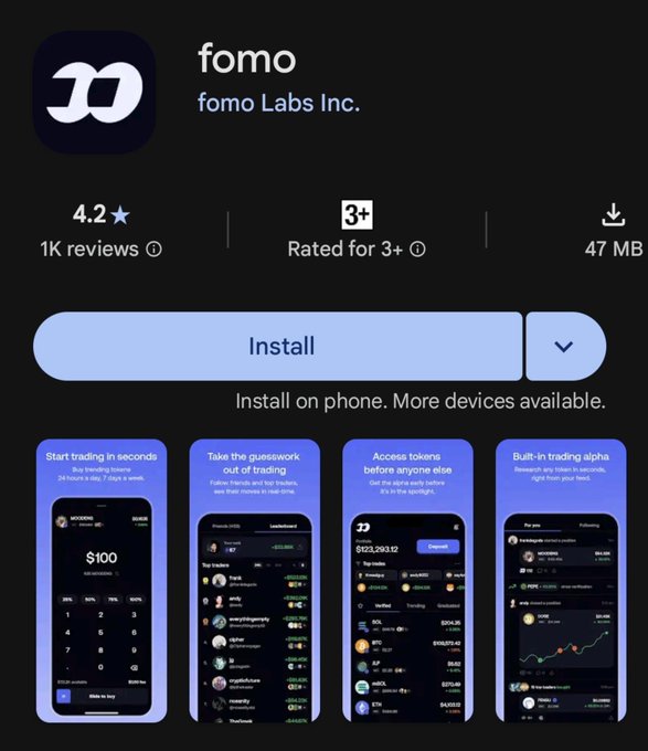 Google Play Store page for the 'fomo' app by 'fomo Labs Inc.', rated 4.2 stars with 1K reviews, showing screenshots for trading features.